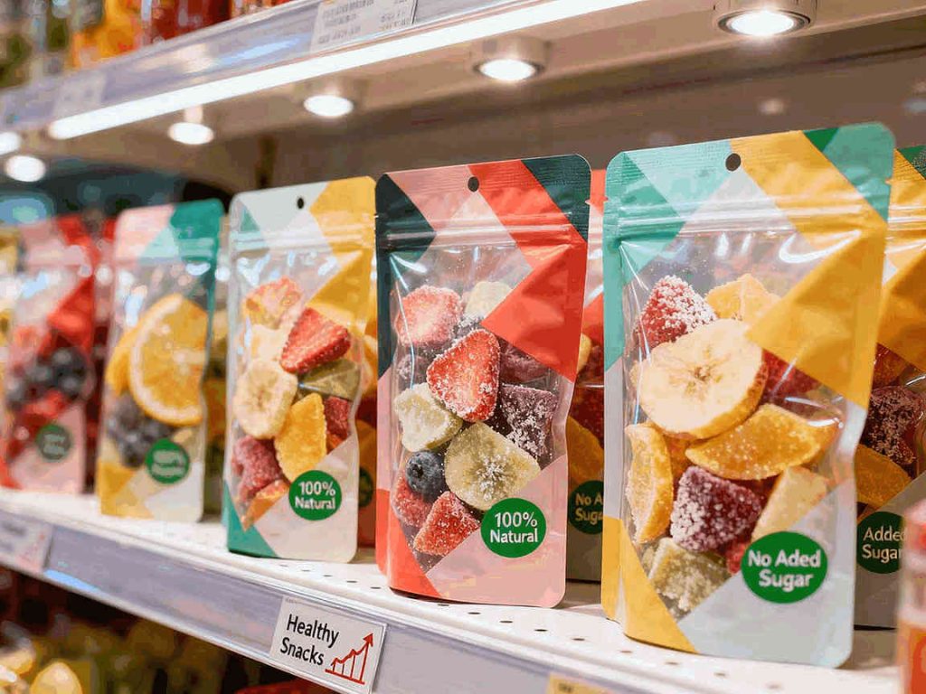 Freeze-Dried. Assorted packages of frozen fruit with health labels like 100% natural and no added sugar, displayed on a shelf under a healthy snacks sign