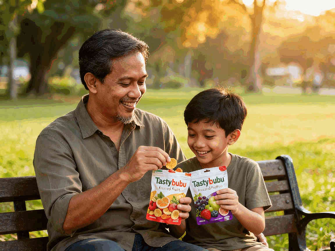 Asian father and son sitting together on a wooden park bench sharing Tastybubu freeze-dried fruit snacks, with the father holding an orange fruit piece and both smiling while holding colorful orange and purple Tastybubu pouches, golden sunset light filtering through trees in the background.