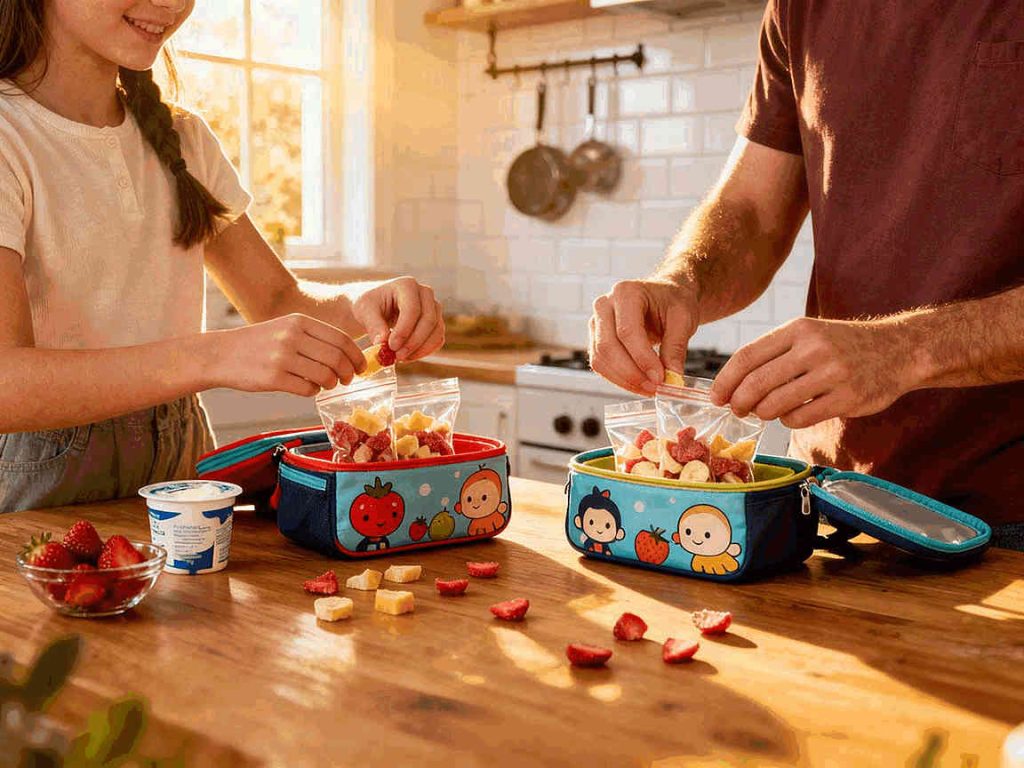Snackable Science. Father and daughter preparing healthy lunchboxes together in a warm sunny kitchen, packing colorful insulated lunchboxes decorated with cute cartoon fruit characters, adding freeze-dried fruit pieces including strawberries and bananas from glass storage containers, with fresh produce scattered on a wooden counter.