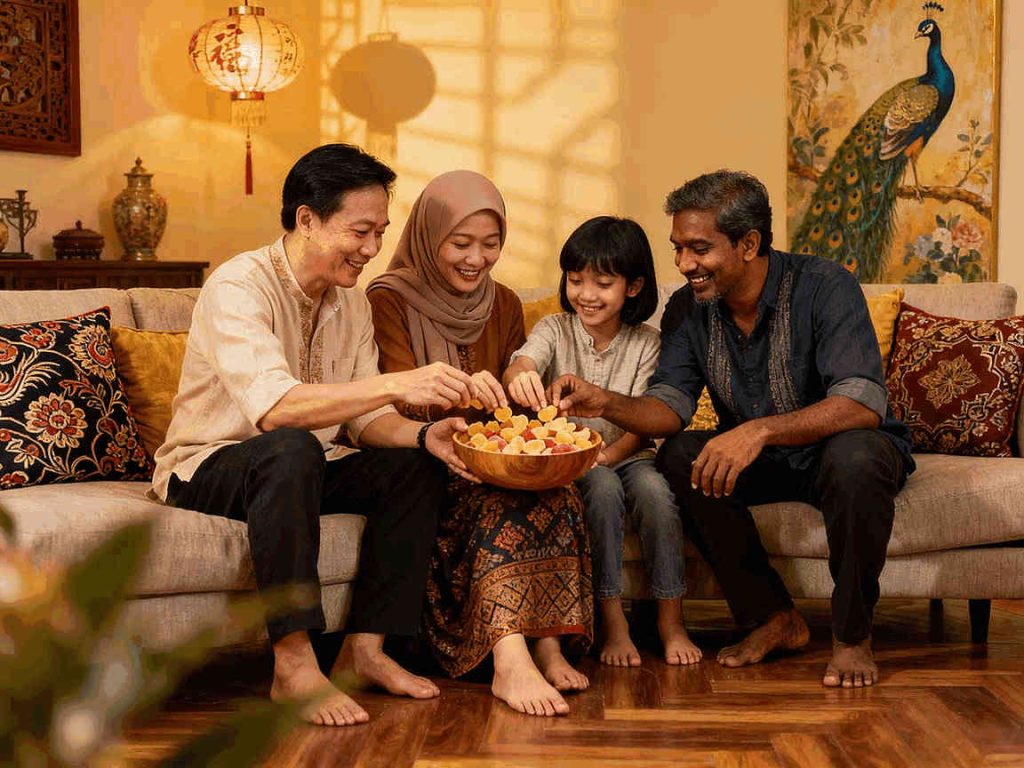 Happy Malaysian family of four sitting together on sofa during festive celebration, sharing snacks from a decorative wooden bowl, warm traditional home interior with ornate peacock wall art, Chinese lantern, and decorative cushions, capturing family bonding moment during cultural celebration.