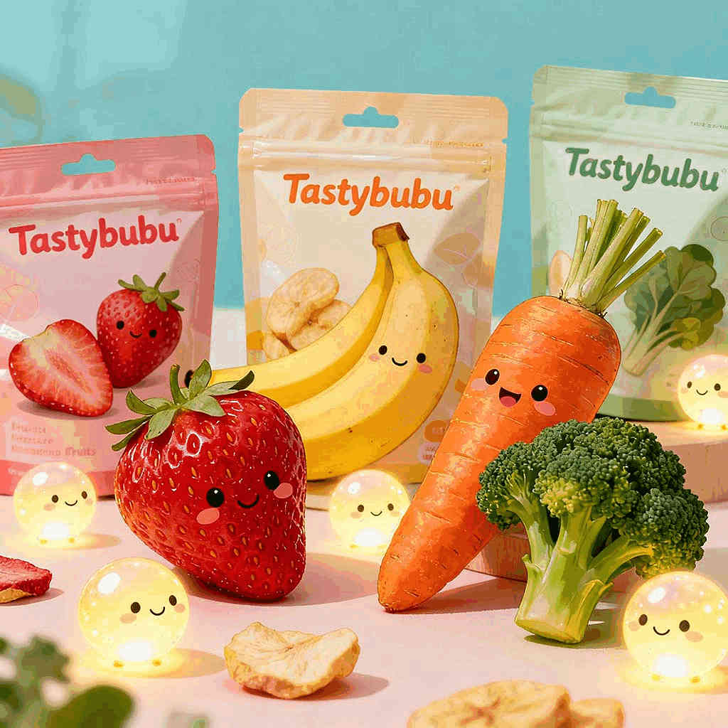 Product photography of three Tastybubu freeze-dried snack pouches in pink, orange, and green colors with adorable kawaii-style fresh produce including strawberries, whole bananas, orange carrots with green stems, and broccoli florets, all featuring cute smiling faces, arranged on a pink surface with warm fairy lights in the background.