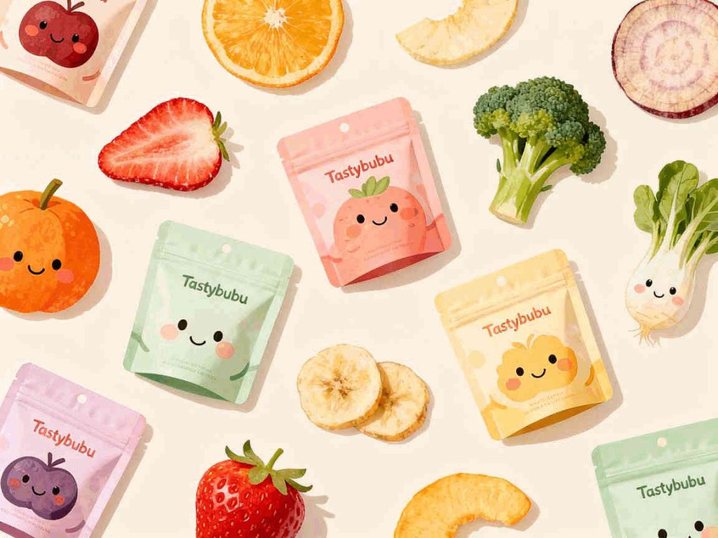 Functional food. Watercolor illustration pattern featuring Tastybubu freeze-dried snack pouches in pink, green, purple, and yellow colors with cute smiling faces, surrounded by adorable kawaii-style fruits and vegetables including strawberries, oranges, broccoli, bananas, tomatoes, carrots, radishes, and beetroot, all with happy faces on a cream background.