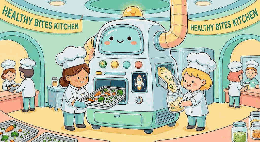 Whimsical cartoon illustration of Healthy Bites Kitchen showing four cheerful children in white chef uniforms and hats preparing healthy meals together, with a smiling anthropomorphic blue kitchen appliance with a happy face, surrounded by fresh vegetables on counters and colorful food storage jars in a bright pastel-colored kitchen.