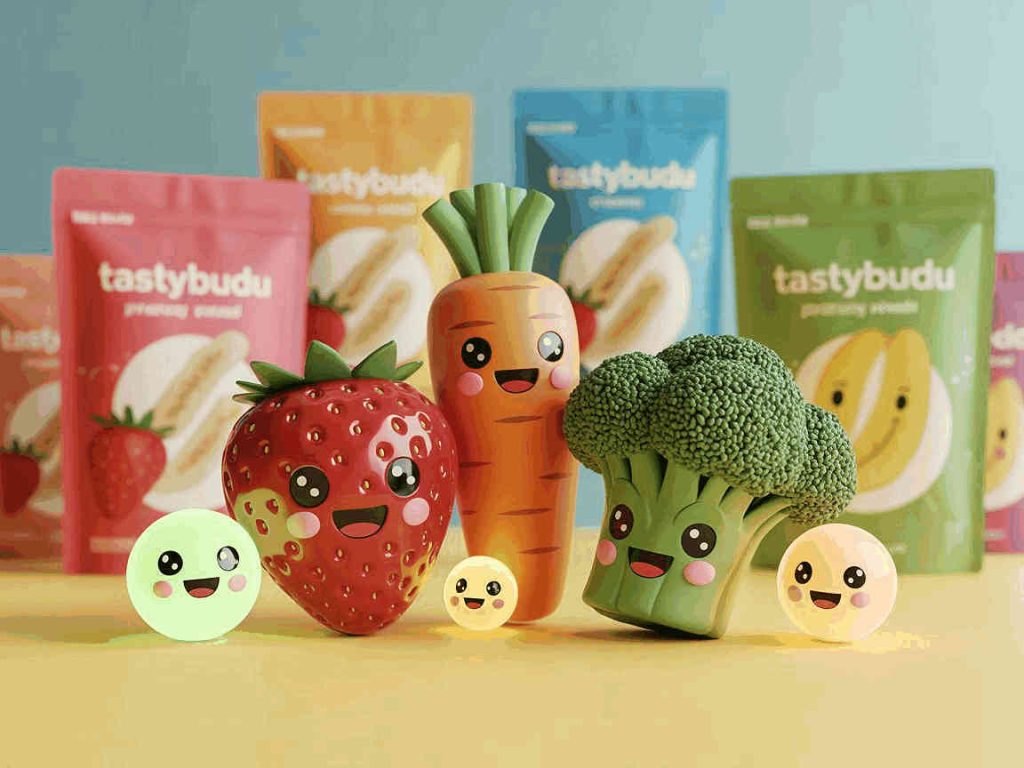 3D rendered product display of Tastybubu freeze-dried snack pouches in pink, orange, blue, and green colors arranged behind cute kawaii-style fruit and vegetable characters with adorable faces including green apple, red strawberry, orange carrot, green broccoli, beige mushroom, and yellow lemon on soft gradient background.