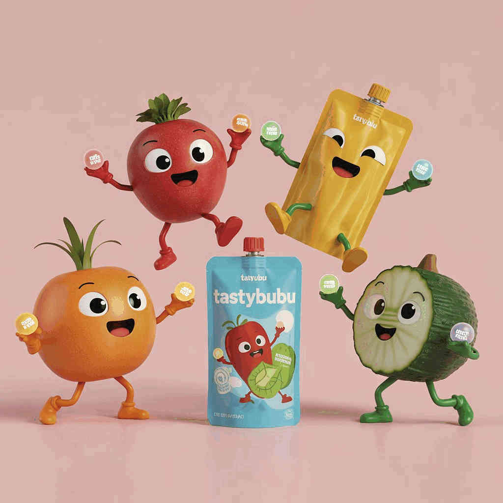 Superfood. 3D cartoon illustration of four cheerful anthropomorphic food characters with smiling faces celebrating around a blue Tastybubu freeze-dried snack package, including a red beetroot with green leaves, a yellow mango pouch, an orange round fruit, and a green cabbage, all with happy expressions and raised arms on a soft pink background.