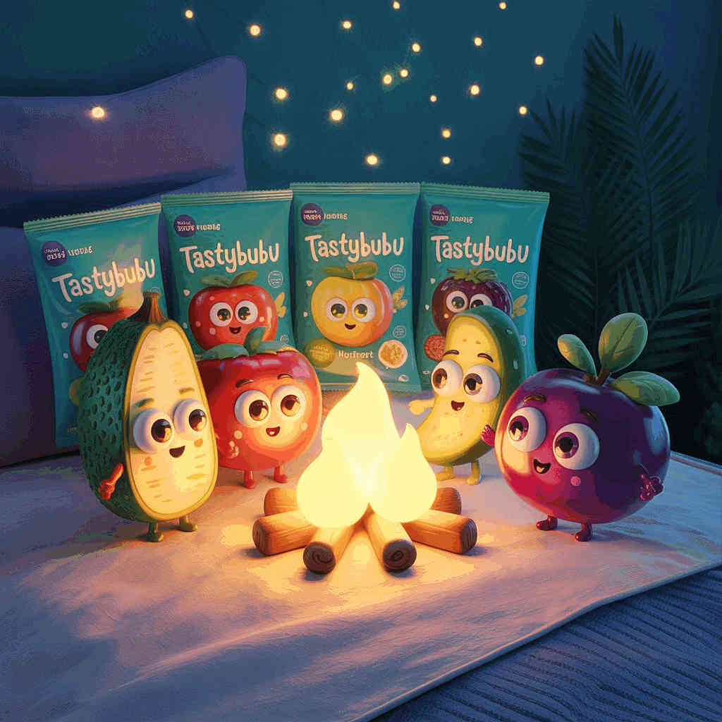 Food Security. 3D cartoon illustration of cute anthropomorphic fruit and vegetable characters with big expressive eyes sitting around a glowing campfire at night, including a corn, tomato, mango, and beetroot, with four Tastybubu freeze-dried snack packages displayed in the background against a starry evening sky with string lights and palm leaves.
