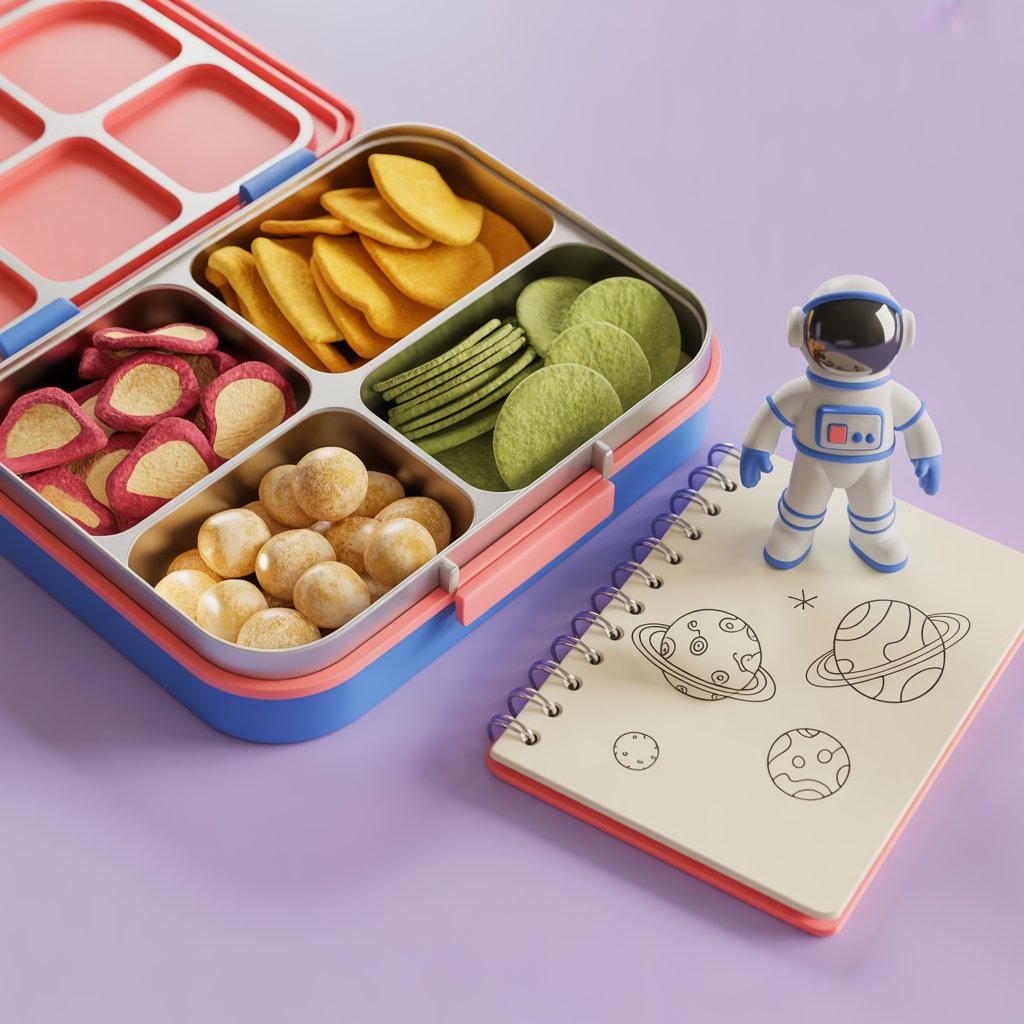 Space tech everyday snacks. Colorful compartmentalized lunchbox with red and blue trim filled with freeze-dried fruits and vegetables including pink radish slices, yellow mango pieces, green vegetable crisps, and white cheese puffs, placed next to a spiral notebook with hand-drawn space and planet sketches and a small astronaut figurine on a purple background.
