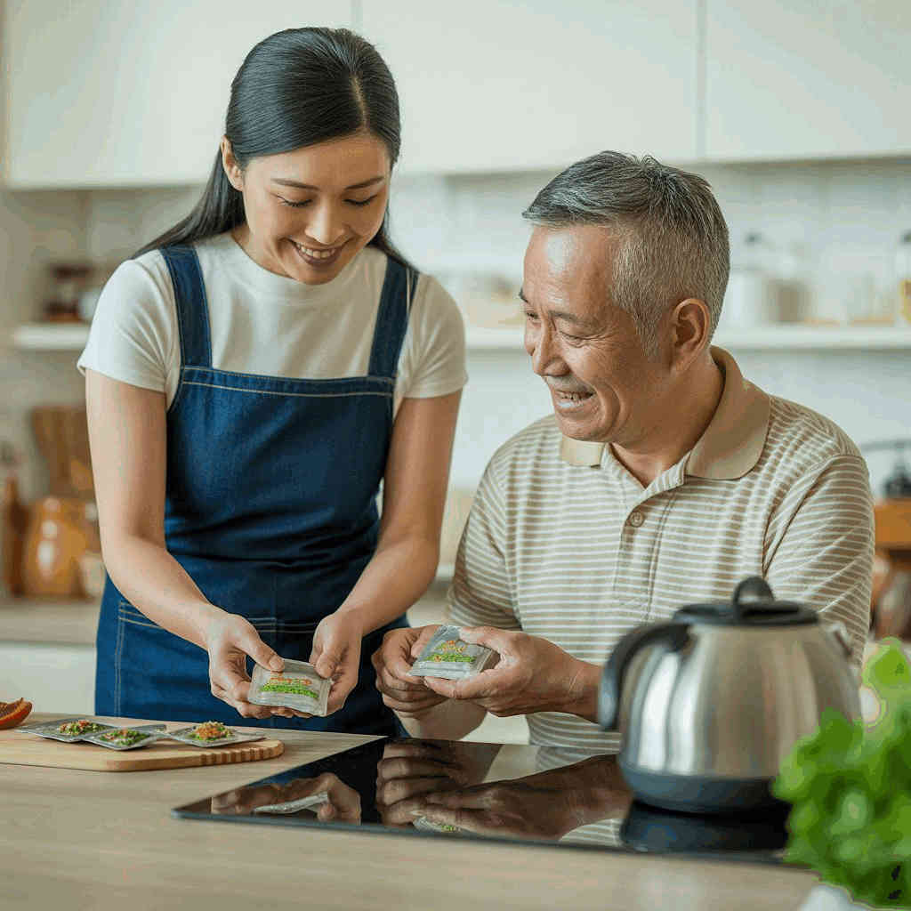 Smiling young Asian woman in blue apron and older Asian man in striped polo shirt preparing sandwiches together in a bright modern kitchen, using clear storage containers with fresh ingredients on a wooden cutting board, teapot and plant visible in the background.
