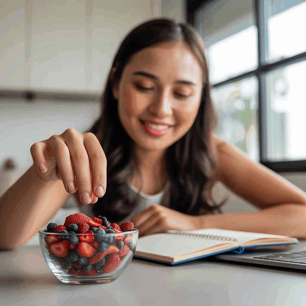 Micro-interventions. Smiling young Asian woman sitting at a desk reaching for fresh berries from a glass bowl filled with strawberries and blueberries, with a laptop and notebook visible on the desk, natural window light in the background.