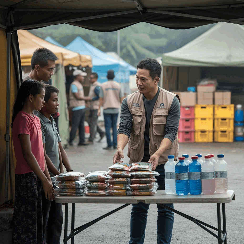 Emergency Food Aid. Relief worker in beige vest distributing emergency food supplies to a family at an outdoor aid distribution center, with packaged meals and water bottles on a folding table, colorful storage crates visible in the background.