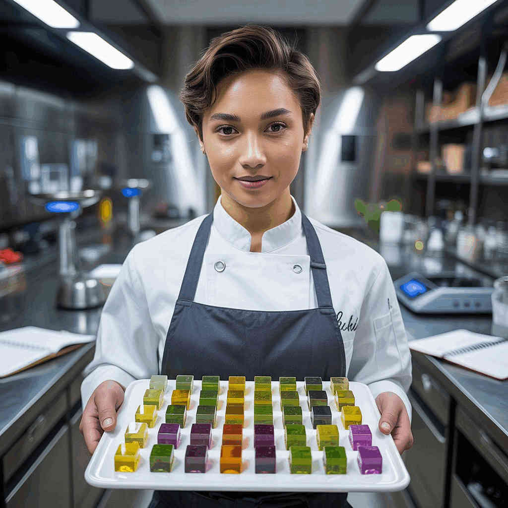 Freeze Dried Gourmet. Professional chef in white uniform and dark apron standing in a commercial kitchen, holding a white tray filled with rows of colorful frozen fruit and vegetable cubes in various shades including yellow, green, orange, purple, and pink.