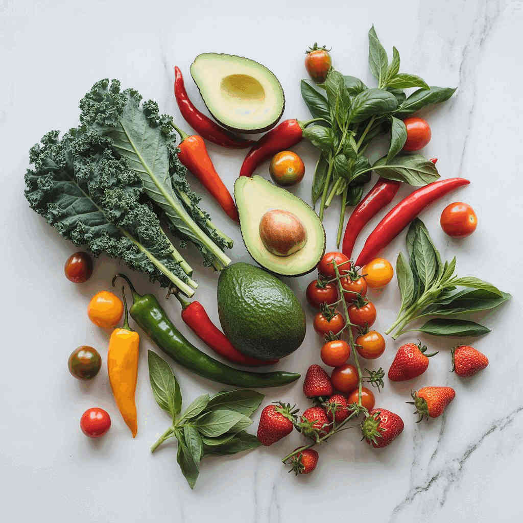 Bioavailability. Overhead flat lay photograph of fresh produce arranged on a white marble surface, including kale leaves, two halved avocados with pits, red and green chili peppers, cherry tomatoes on the vine, strawberries, fresh basil and sage leaves, yellow and orange bell peppers, green beans, and a whole avocado.