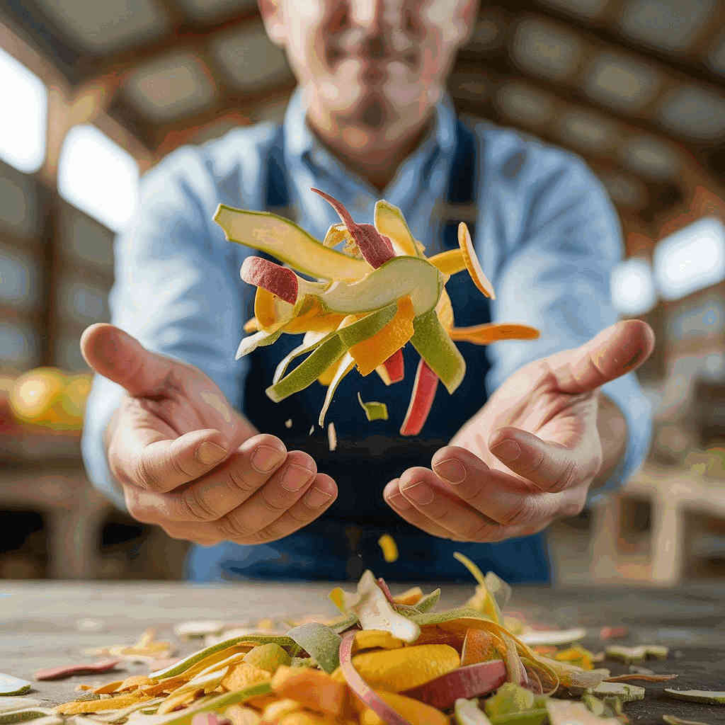 Crop By-Products. Hands releasing illustrated vegetable and fruit peels transforming into freeze-dried snacks above pile of food scraps