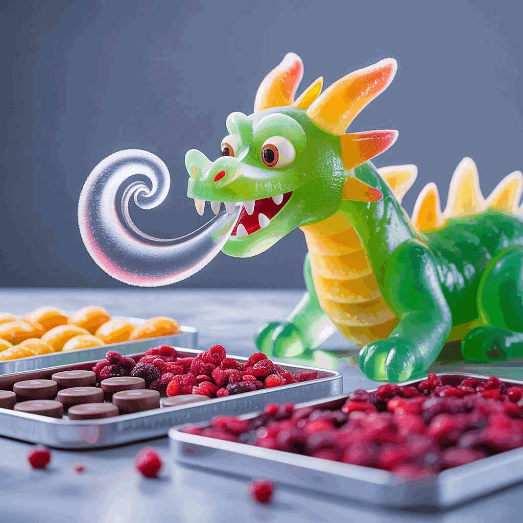 Green-freeze-drying. Colorful green and orange dragon figurine with trays of freeze-dried fruits and chocolate snacks