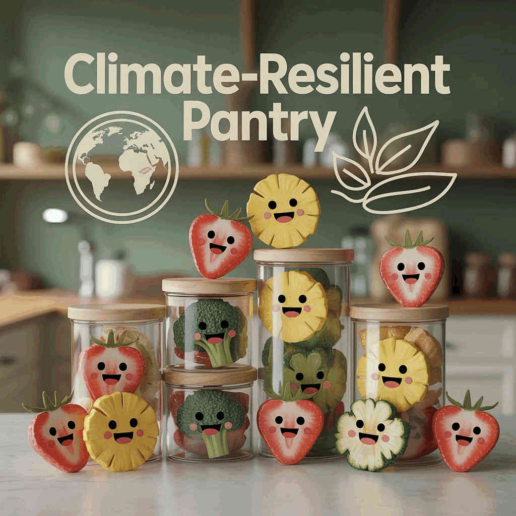 Climate-Resilient Pantry text with illustrated freeze-dried fruits and vegetables with smiling faces in glass jars and globe icon