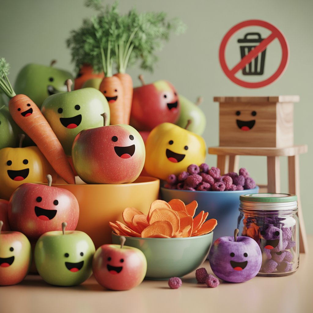 Climate Case. Colorful illustrated fruits and vegetables with cute smiling faces in bowls and jars with no food waste symbol