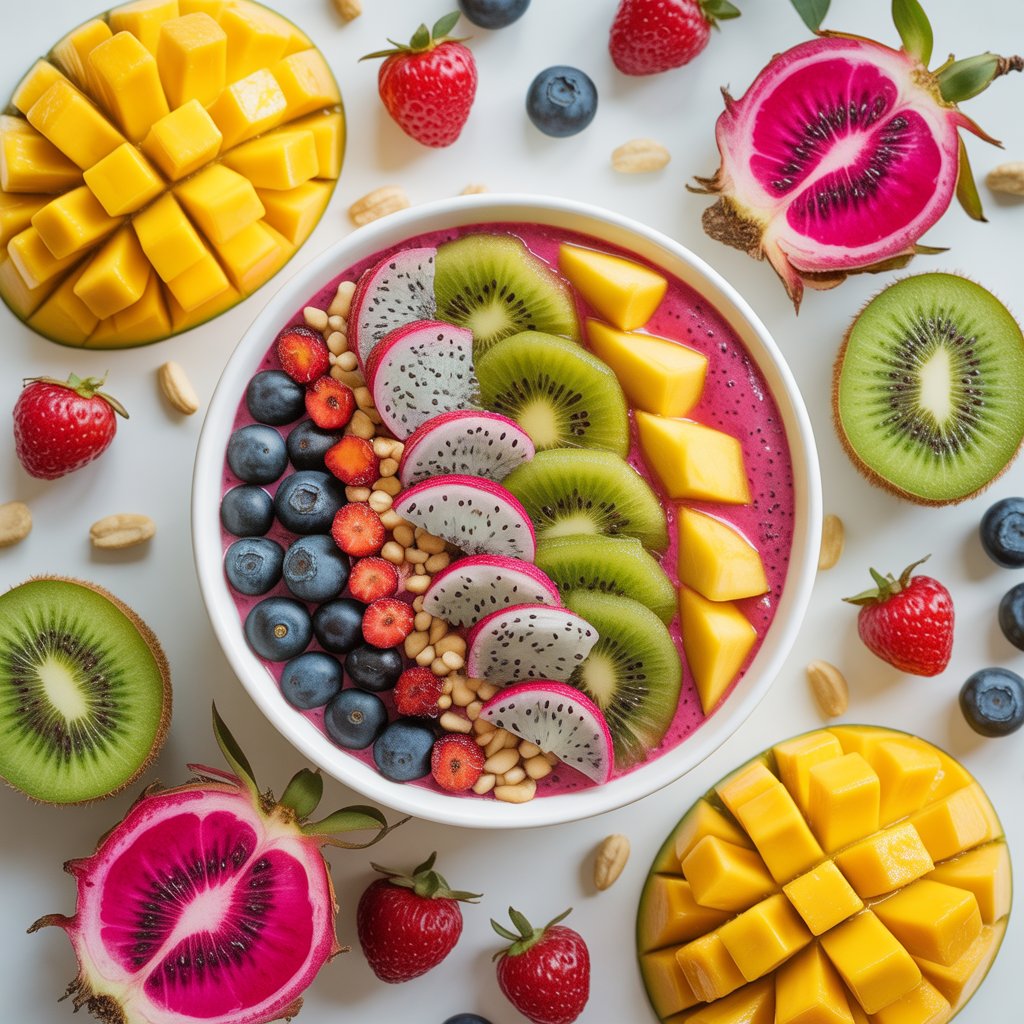 Overhead flat lay of colorful tropical smoothie bowl on white marble surface, featuring vibrant pink dragonfruit smoothie base topped with fresh blueberries, sliced strawberries, kiwi slices, dragonfruit pieces, mango cubes, and cashew nuts arranged in sections, surrounded by fresh cut mangoes, halved dragonfruit, kiwi slices, and strawberries creating a visually appealing healthy breakfast composition.