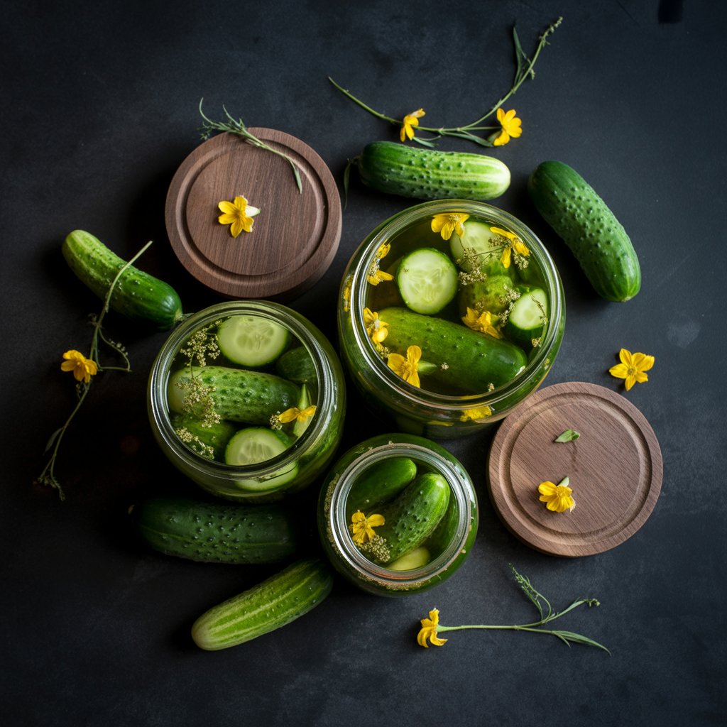 Overhead flat lay of homemade cucumber pickles on dark slate surface, three glass jars filled with whole and sliced cucumbers in brine with fresh dill and yellow cucumber flowers, fresh whole cucumbers scattered around with wooden lids, rustic food preservation composition.