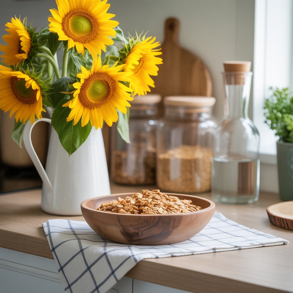 Rustic kitchen scene with wooden bowl of oats on checkered kitchen towel in foreground, white ceramic pitcher with bright yellow sunflowers, glass storage jars with cork lids containing dry goods in soft-focus background, natural warm lighting creating a cozy healthy breakfast setting.