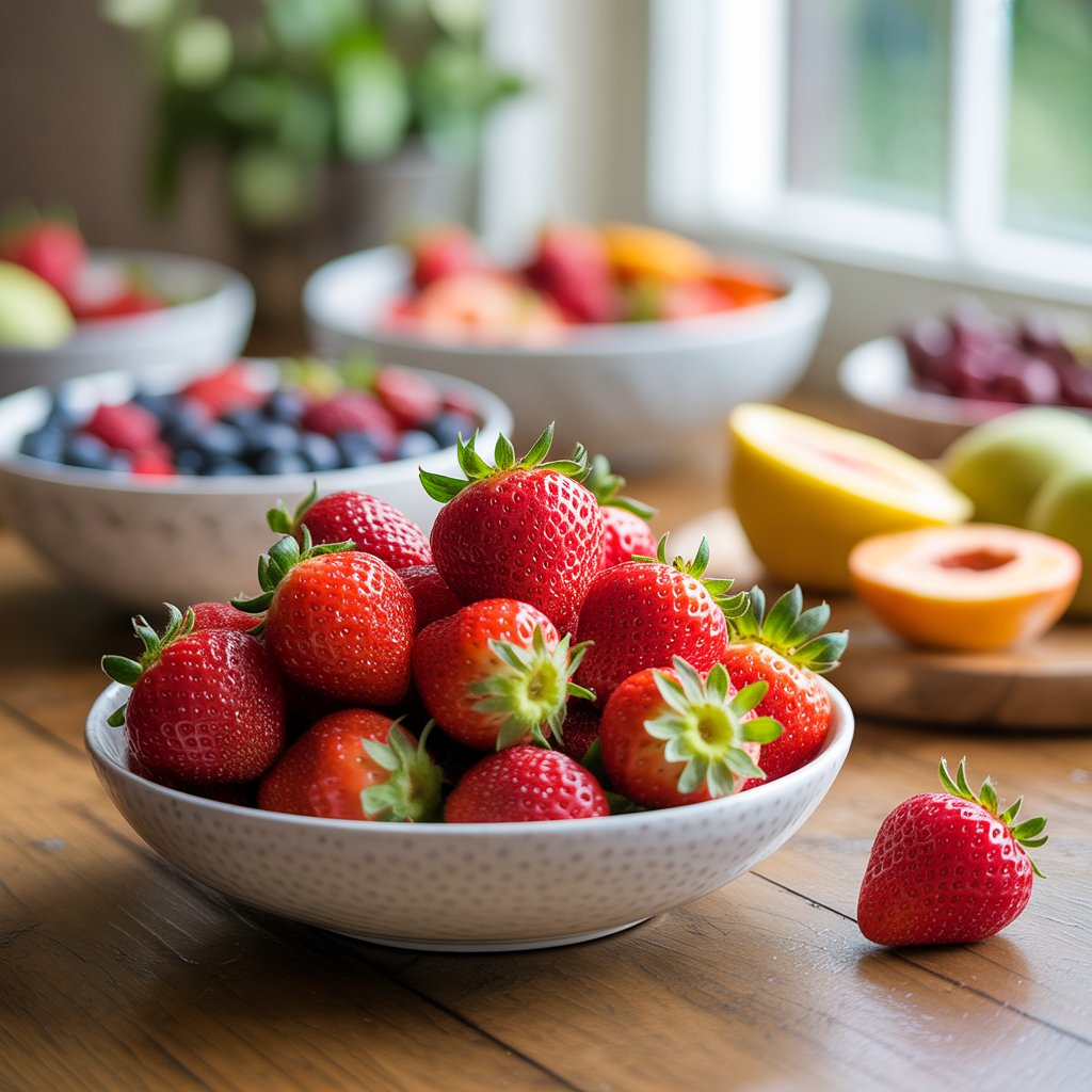 Bowl of fresh ripe strawberries with green stems displayed on a wooden cutting board in a bright kitchen, with blurred bowls of blueberries, mixed berries, and sliced apples in soft-focus background, natural lighting creating a fresh and healthy food scene.