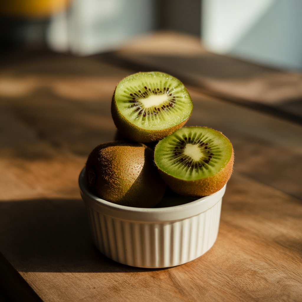Three fresh kiwi fruits in a white fluted ceramic ramekin on a wooden surface, two kiwifruits cut in half showing bright green flesh with black seeds in a starburst pattern, one whole kiwifruit with brown fuzzy skin, soft blurred background with warm lighting.